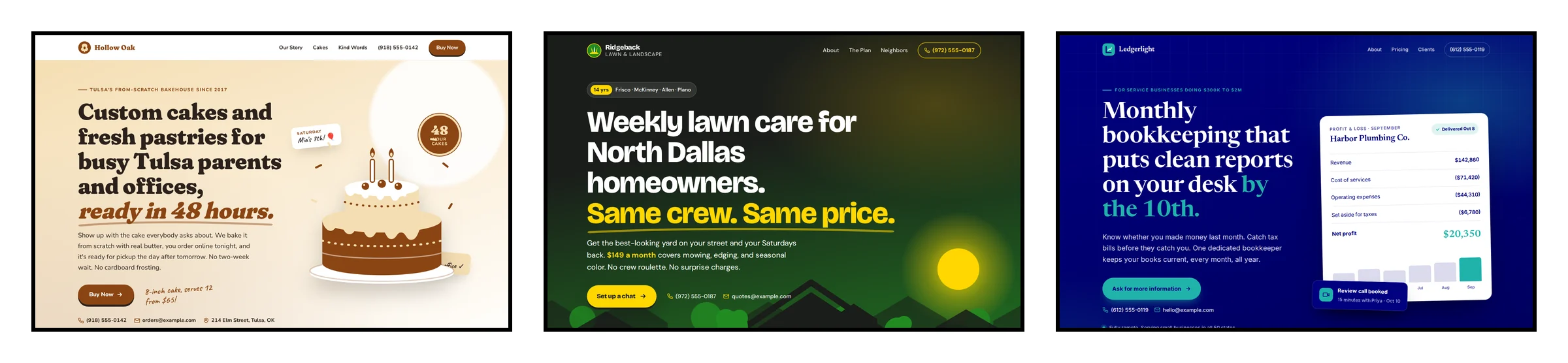 Three one-page websites side by side: Hollow Oak Bakehouse in brown and wheat, Ridgeback Lawn & Landscape in green and gold, and Ledgerlight Bookkeeping in navy and teal.